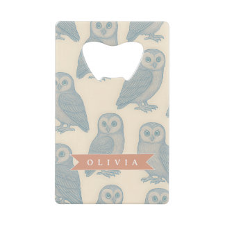 Personalized Vintage Blue Owl Woodland Cottagecore Credit Card Bottle Opener