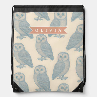 Personalized Vintage Blue Owl Woodland Cottagecore Drawstring Bag