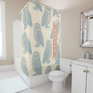 Personalized Vintage Blue Owl Woodland Cottagecore Shower Curtain