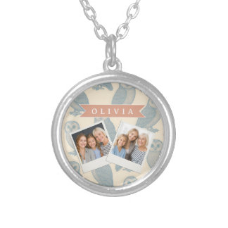 Personalized Vintage Blue Owl Woodland Cottagecore Silver Plated Necklace