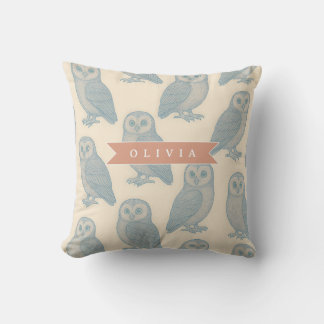 Personalized Vintage Blue Owl Woodland Cottagecore Throw Pillow