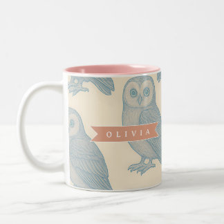 Personalized Vintage Blue Owl Woodland Cottagecore Two-Tone Coffee Mug