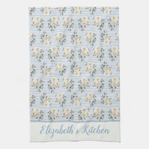 Personalized Vintage Blue White Stripes Floral Kitchen Towel