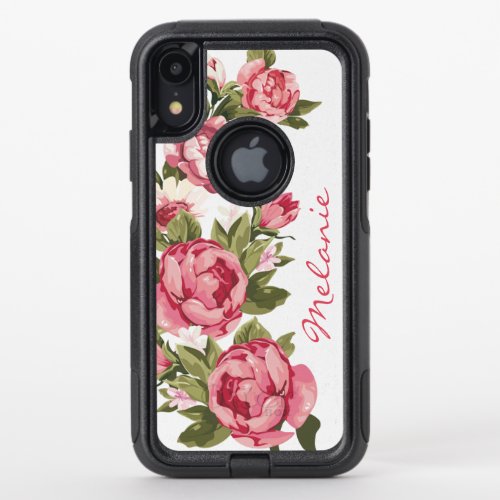 Personalized Vintage Blush Pink Roses Peonies OtterBox Commuter iPhone XR Case