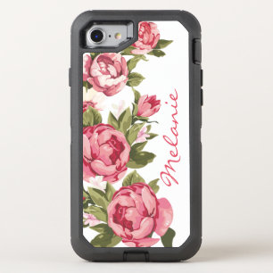 Personalized Vintage blush pink roses Peonies OtterBox Defender iPhone SE/8/7 Case