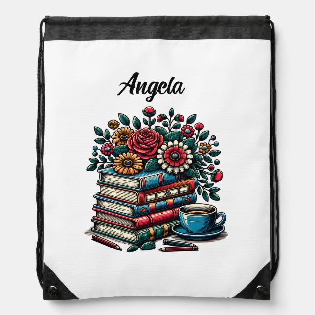 Personalized Vintage Books, Coffee and Flowers Drawstring Bag (Front)