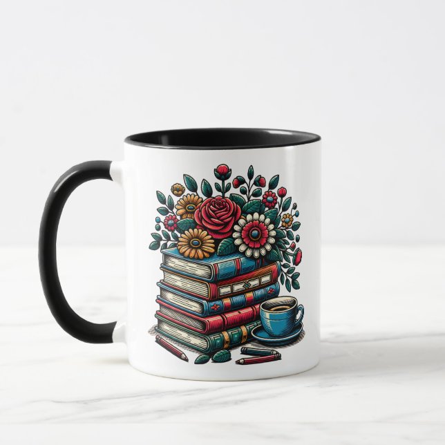 Personalized Vintage Books, Coffee and Flowers Mug (Left)
