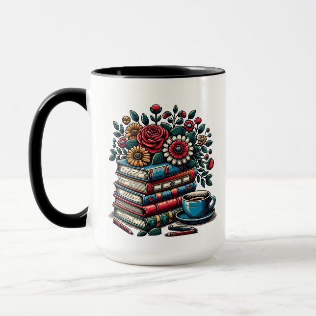 Personalized Vintage Books, Coffee and Flowers Mug (Left)