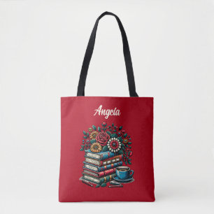 Personalized Vintage Books, Coffee and Flowers Tote Bag