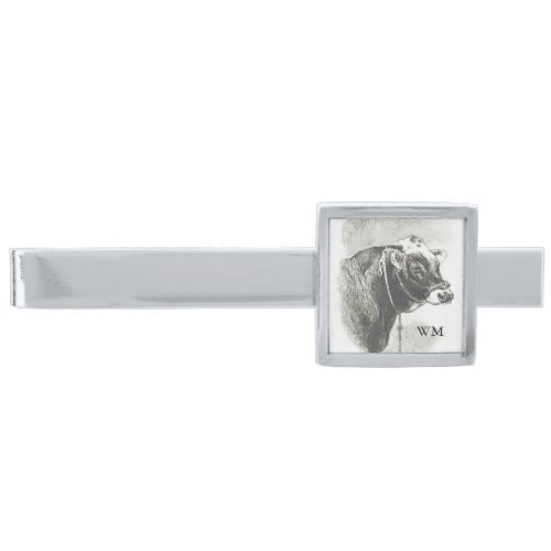 Personalized Vintage Bull Silver Finish Tie Clip