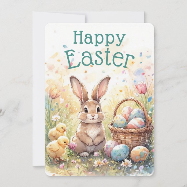 Personalized Vintage Bunny Chicks And Easter Eggs Holiday Card (Front)