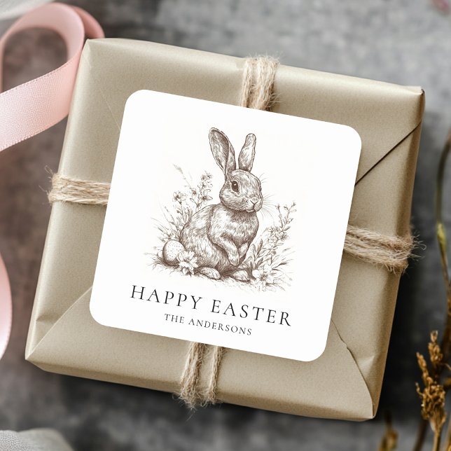 Personalized Vintage Bunny Easter Square Sticker (Creator Uploaded)