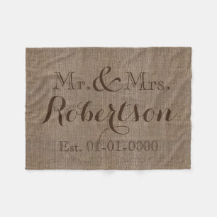 Personalized Vintage Burlap-Look Rustic/Wedding Fleece Blanket