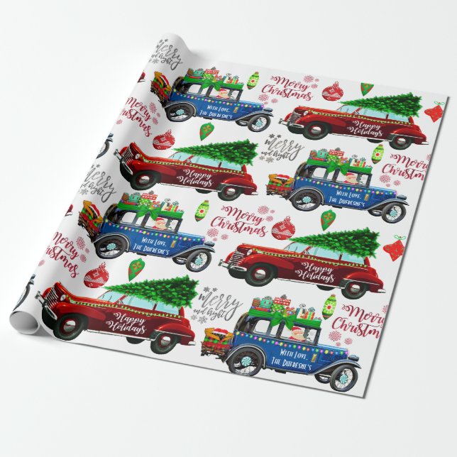 Personalized Vintage Cars Christmas Wrapping Paper (Unrolled)