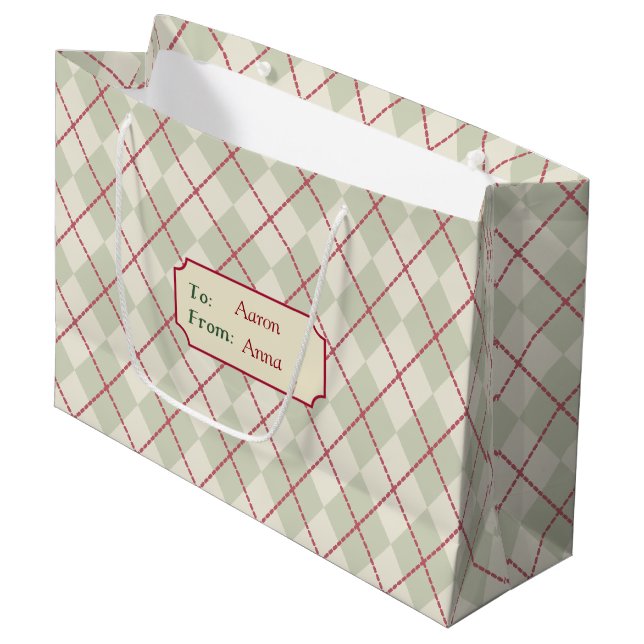 Personalized Vintage Christmas Argyle Gift Bag (Front Angled)