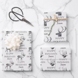 Personalized Vintage Christmas Deer Happy Holidays Wrapping Paper Sheets