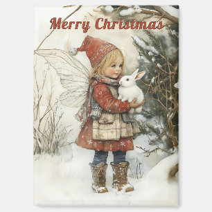Personalized Vintage Christmas Fairy & Bunny Gift Magnet
