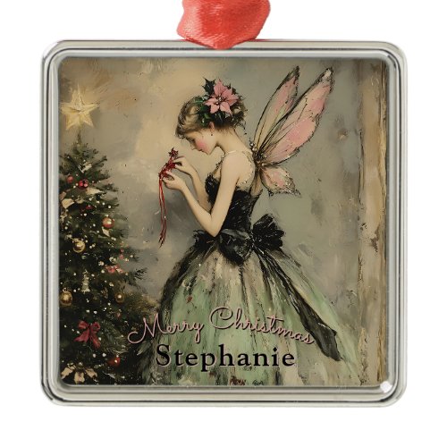 Personalized Vintage Christmas Fairy Tree Metal Ornament