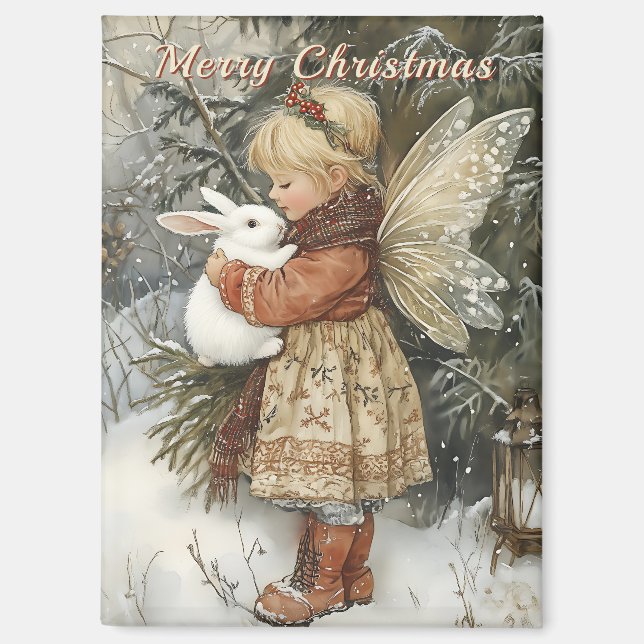Personalized Vintage Christmas Fairy with Bunny  Magnet (Front)