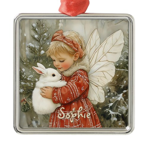 Personalized Vintage Christmas Fairy with Bunny  Metal Ornament