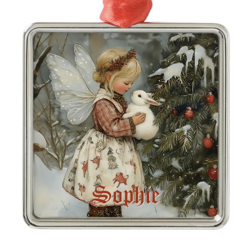 Personalized Vintage Christmas Fairy with Bunny  Metal Ornament