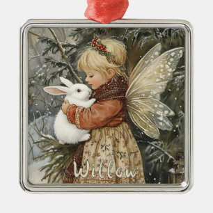 Personalized Vintage Christmas Fairy with Bunny Metal Ornament