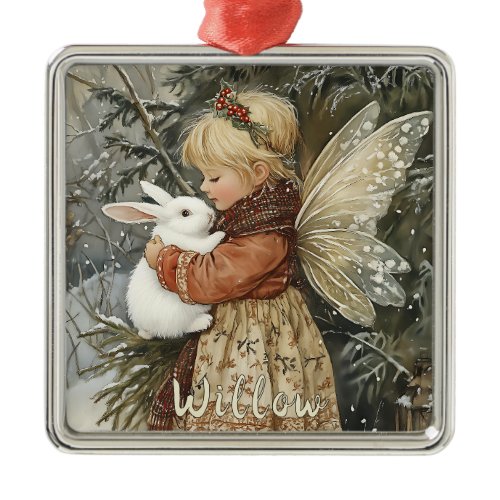 Personalized Vintage Christmas Fairy with Bunny  Metal Ornament