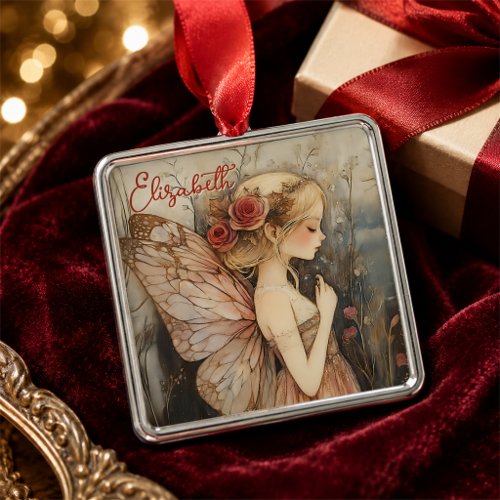 Personalized Vintage Christmas Fairy with Roses   Metal Ornament