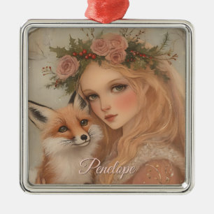 Personalized Vintage Christmas Girl & Fox Keepsake Metal Ornament
