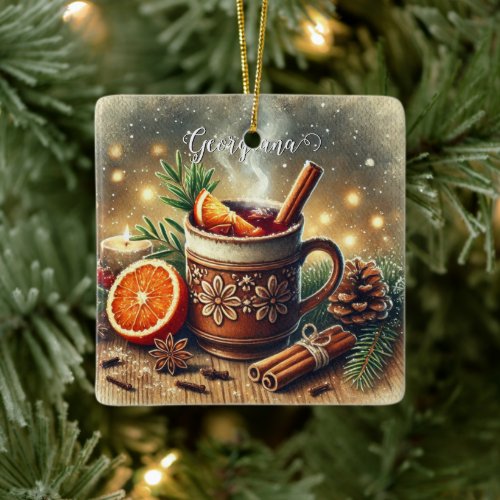 Personalized Vintage Christmas Market Mulled Wine Ceramic Ornament
