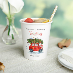 Personalized Vintage Christmas – Red Car with Tree Paper Cups