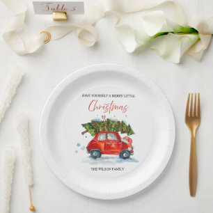 Personalized Vintage Christmas – Red Car with Tree Paper Plates