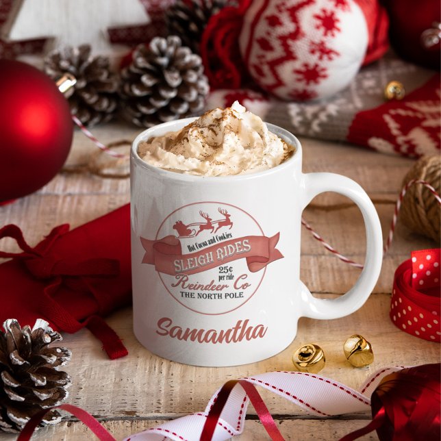 Personalized Vintage Christmas Reindeer Coffee Mug (Custom Christmas reindeer sleigh rides mug.)