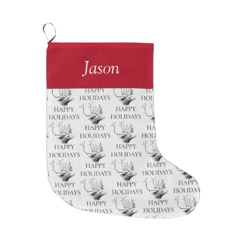 Personalized Vintage Christmas Rustic Deer Head Large Christmas Stocking