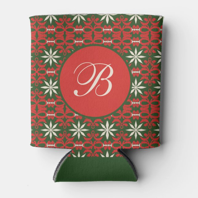 Personalized Vintage Christmas/winter patterned  Can Cooler (Front)