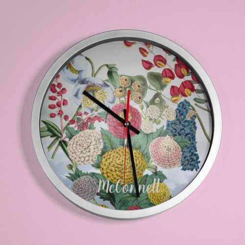 Personalized Vintage Chrysanthemum Poppy Lilac Round Clock