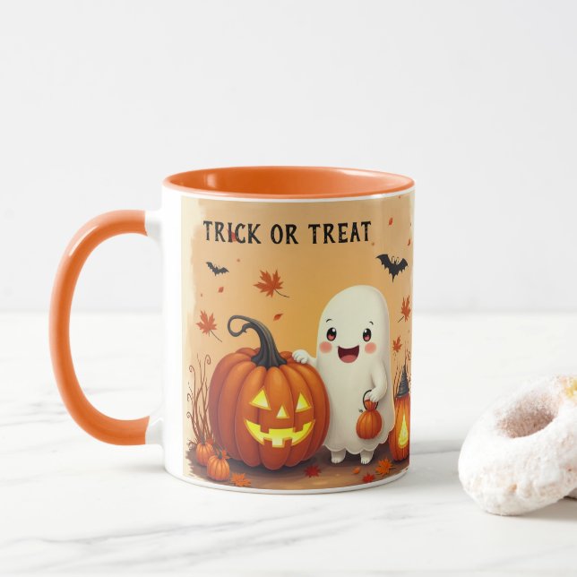 Personalized Vintage Cute Ghost & Pumpkin Hallowee Mug (With Donut)