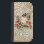 Personalized Vintage Damask Rose Samsung S4 Wallet Case<br><div class="desc">Romantic vintage-inspired design featuring area for personalization surrounded by ornate flourishes, birds and lush sprays of roses on a distressed damask background. Note: Sculpted, engraved, embossed and dimensional effects, layered, aged or eroded appearance, textures and shadows achieved digitally. Actual product has a flat surface. French Garden background paper by Lil...</div>