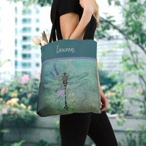 Personalized Vintage Dragonfly with Flowers Tote B