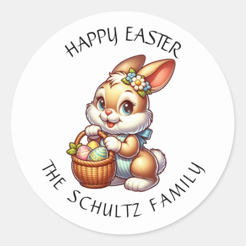 Personalized Vintage Easter Bunny and Basket Classic Round Sticker