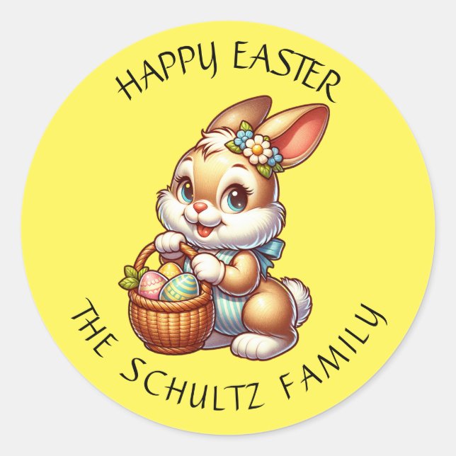 Personalized Vintage Easter Bunny and Basket Classic Round Sticker (Front)