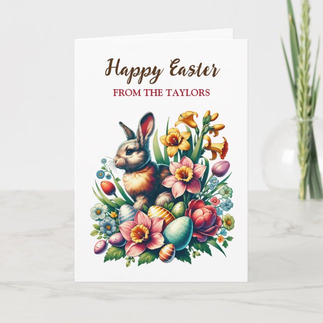 Personalized Vintage Easter Bunny and Flowers Card (Front)