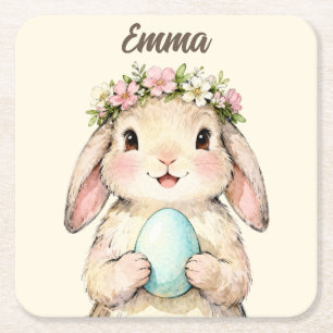 Personalized Vintage Easter Bunny with Egg Square Paper Coaster