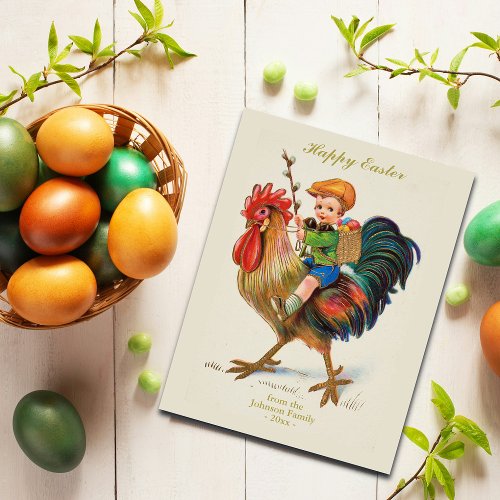 Personalized Vintage Easter Egg Hunt Boy Rooster Holiday Postcard