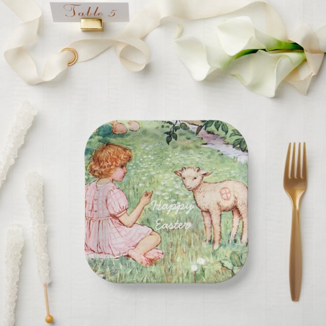Personalized Vintage Easter Little Lamb Paper Plates (Wedding)
