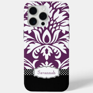 Personalized Vintage Eggplant Damask and Polka Dot iPhone 15 Pro Max Case