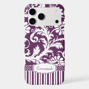 Personalized Vintage Eggplant Damask and Stripe iPhone 17 Pro Max Case