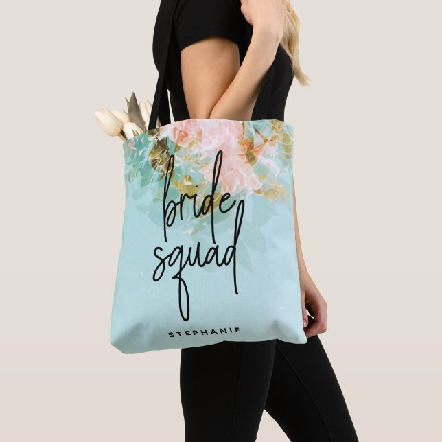 Personalized Vintage Floral Bride Squad Tote Bag (Close Up)