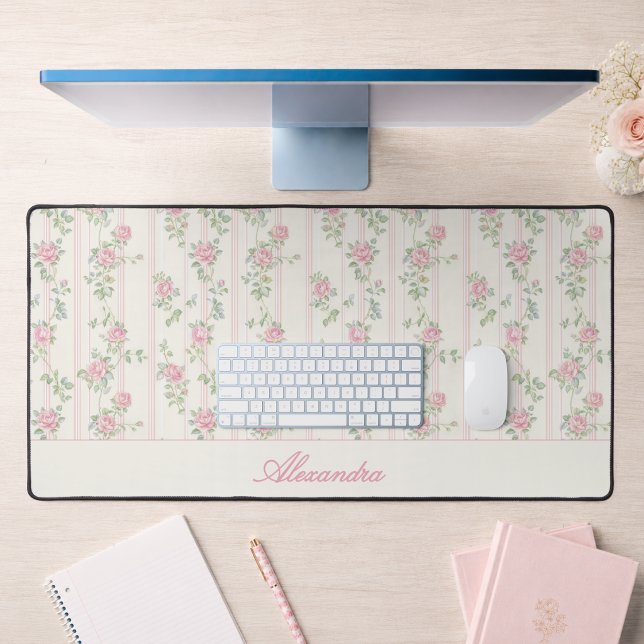 Personalized Vintage Floral Monogram Desk Mat (elegant grandmillennial coquette pink rose floral desk mat with custom monogram name in script)