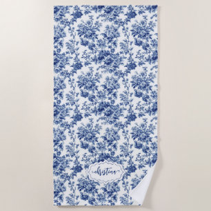 Personalized Vintage Floral Navy Blue White Toile  Beach Towel